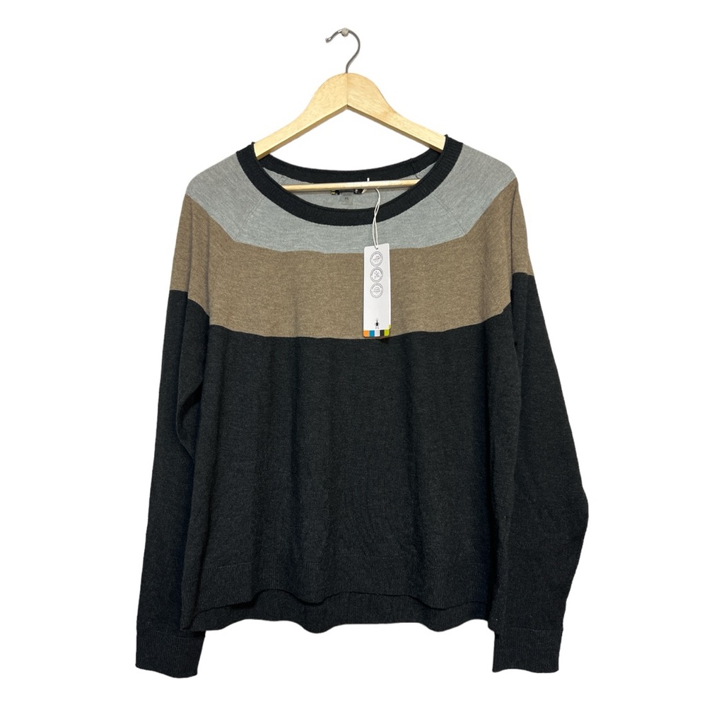 Smartwool Women Edgewood Colorblock Crew Sweater Charcoal Heather NWT Size XL